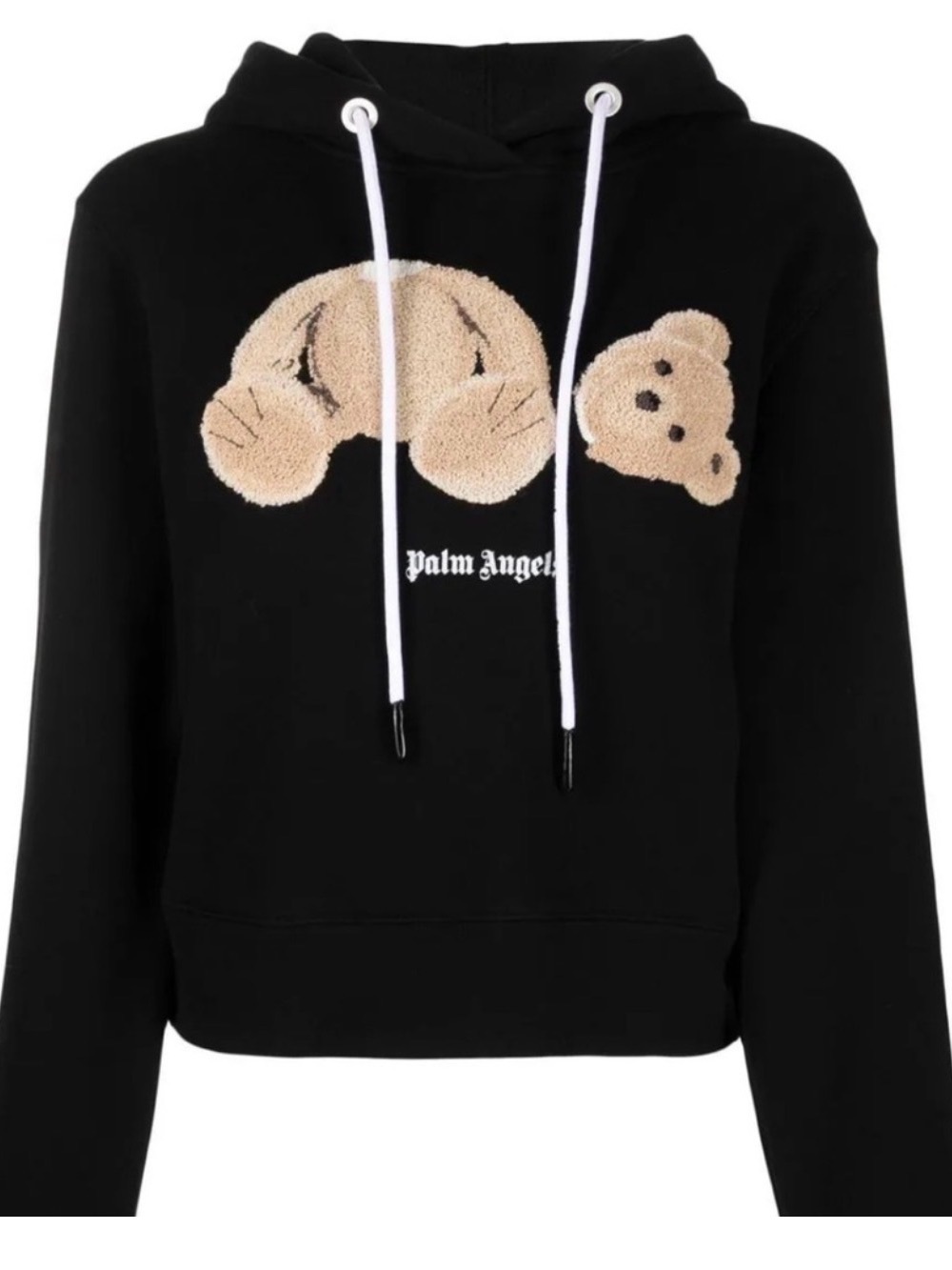 Palm Angels Black Hoodie with Beige Teddy Head Appliqué